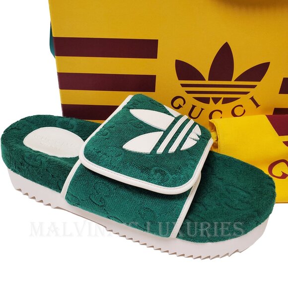 GUCCI MENS SHOES ADIDAS X GG GREEN COTTON SPONGE PLATFORM SANDAL SLIDE sz 9 9.5 - Picture 14 of 16